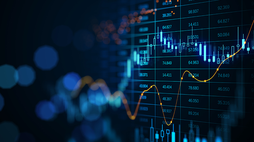 Dark-blue trading screen with cyan candlesticks and an orange price line